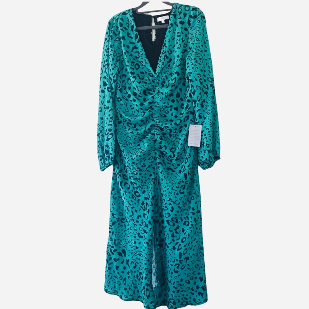 NWT NSR Nordstrom emerald green Heidi leopard print long sleeve chiffon dress M